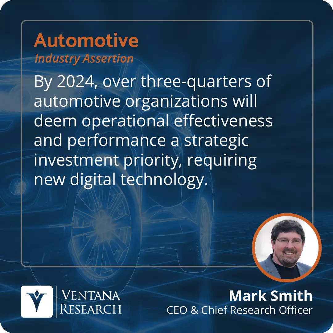 By 2024, over three-quarters of automotive organizations will deem operational effectiveness and performance a strategic investment priority, requiring new digital technology.  