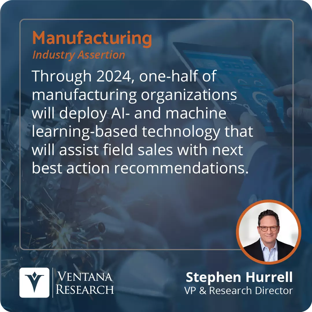 Through 2024, one-half of manufacturing organizations will deploy AI- and machine learning-based technology that will assist field sales with next best action recommendations.  