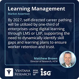 By 2027, self-directed career pathing will be utilized by one-third of enterprises using digital learning through LMS or LXP, supporting the need to dynamically identify skill gaps and learning plans to ensure worker retention and trust.
